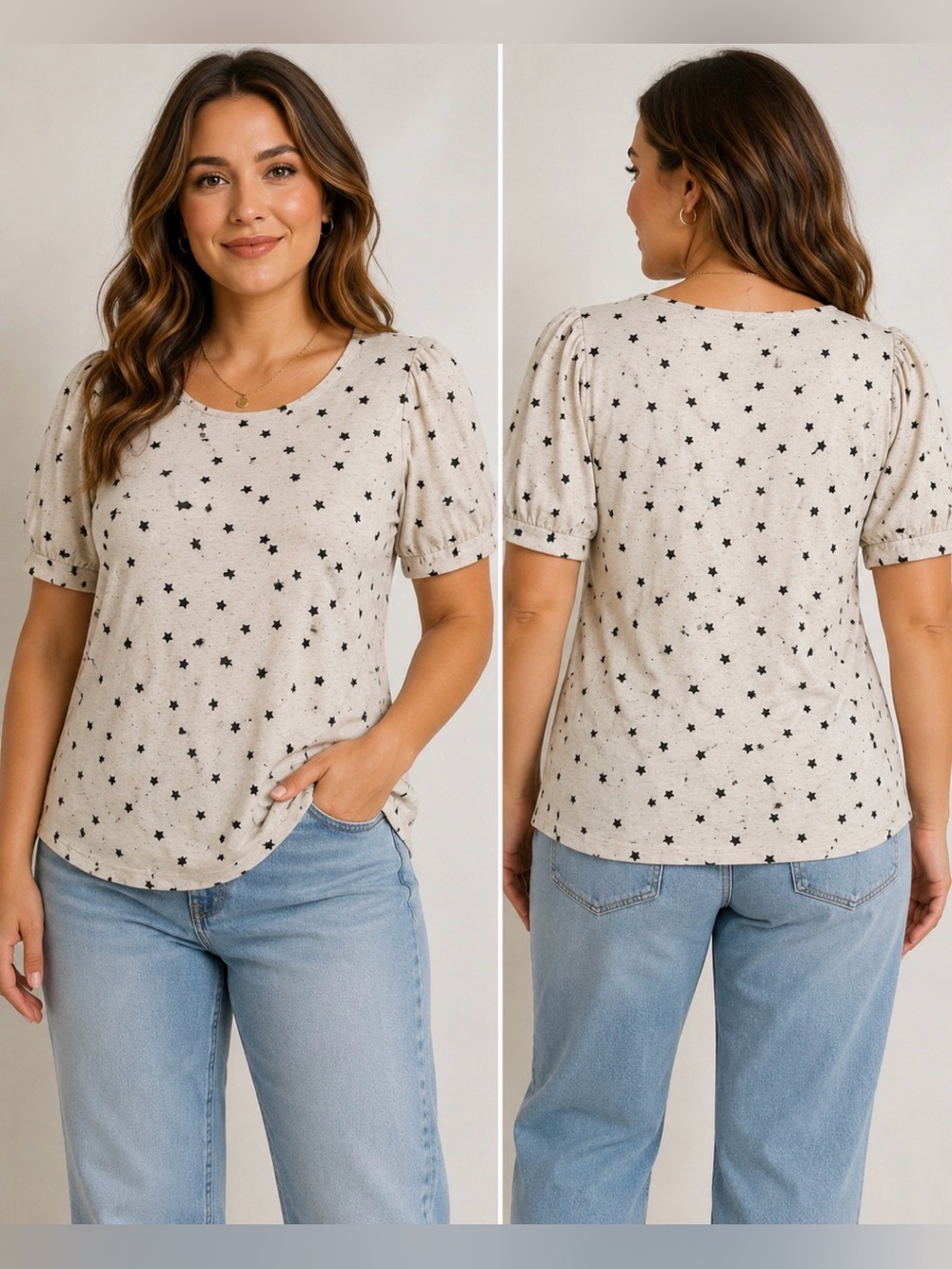 89th + Madison Black Star Print Puff Sleeve Top Size Large Beige Linen Blend
